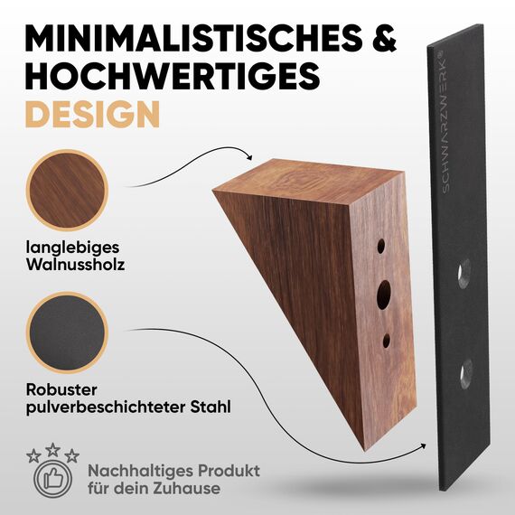 Wandhaken | Kleiderhaken Wand [3er SET] mit Montagematerial - Stilvolle Garderobenleiste, Huthaken, Garderobenhaken, Jackenhalter (Schwarz-Walnuss)