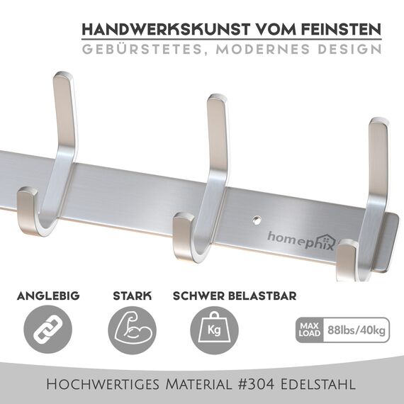 HOMEPHIX Garderobenhaken Edelstahl kleiderhaken gebürstet (1 Stück – 8 Haken, 59cm, Silber)- Hohe Tragkraft Garderobenleiste - Stabile kleiderhaken wand - Garderobenpaneel für Garderoben, Flure, Küche