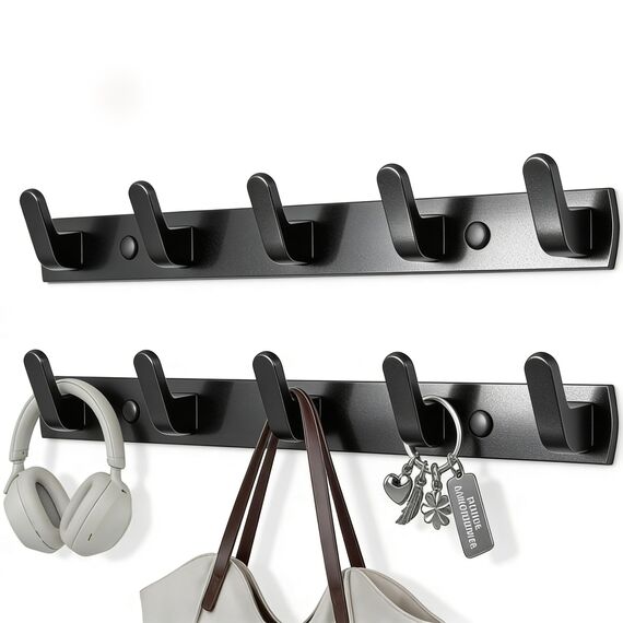 TINIFO Kleiderhaken Hakenleiste Wand, 2 Stück 5 Haken Garderobenhaken Wandgarderobe Aluminium, Modern Wandhaken für Küche, Bad, Balkon（Schwarz）