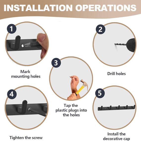 TINIFO Kleiderhaken Hakenleiste Wand, 2 Stück 5 Haken Garderobenhaken Wandgarderobe Aluminium, Modern Wandhaken für Küche, Bad, Balkon（Schwarz）