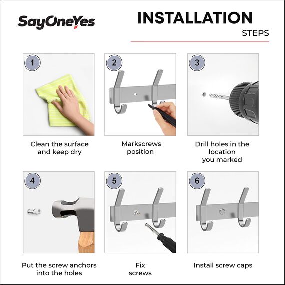 SAYONEYES Garderobenleiste Wandhalterung mit 6 Garderobenhaken zum Aufhängen – 43,2 cm (17 Zoll) Heavy Duty SUS304 Edelstahl Gebürstete Oberfläche Wasserdicht – Wandhakenleiste für Badezimmer Küche