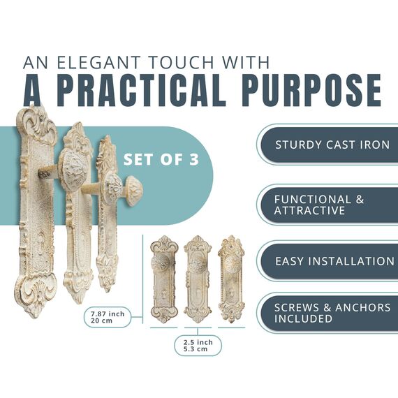 Comfify Shabby Chic Dekorative Gusseisen-Wandhaken, Weiß (Rustic White), Türknauf-Kleiderhaken für Wand, 3er-Set, Schrauben und Dübel enthalten, Antike Wandhaken zum Aufhängen von Kleidung