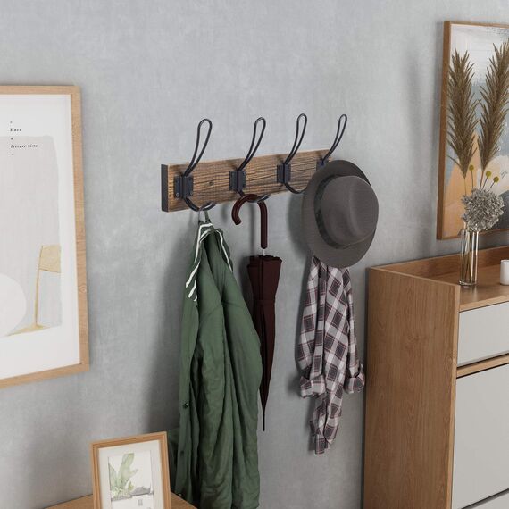 Homagic Rustikaler Wandgarderobe mit 4 Bauernhaus-Haken, Handtuch- und Garderobenleiste aus massivem Kiefernholz, für Badezimmer, Eingangsbereich, Küche - Braun
