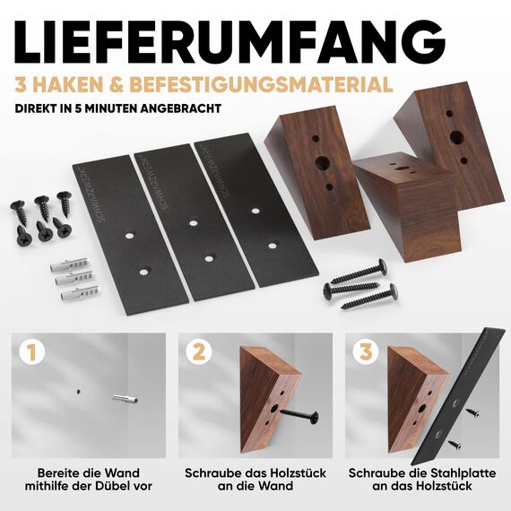 Wandhaken | Kleiderhaken Wand [3er SET] mit Montagematerial - Stilvolle Garderobenleiste, Huthaken, Garderobenhaken, Jackenhalter (Schwarz-Walnuss)
