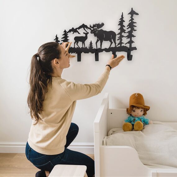 VIVICOMFY Metall-Elch-Haken, Wandkunst-Dekor, zum Aufhängen von Kleidern, Schlüsseln, Hut, Tier-Themen-Haken, hübsche Heimdekoration für Aufbewahrung, Wohnzimmer, Flur, Büro, Schwarz