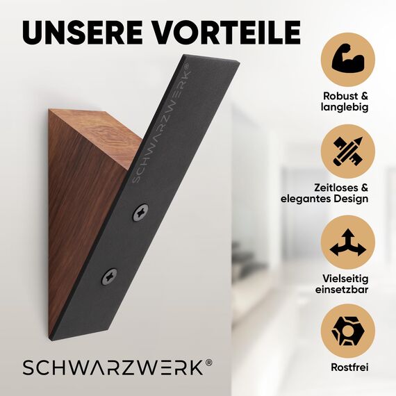 Wandhaken | Kleiderhaken Wand [3er SET] mit Montagematerial - Stilvolle Garderobenleiste, Huthaken, Garderobenhaken, Jackenhalter (Schwarz-Walnuss)