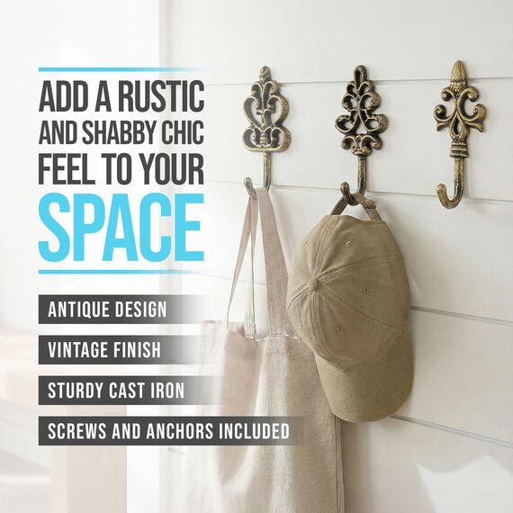 Comfify Dekorativer Shabby Chic Wandhaken - Rustikal - Antik anmutend - Französischer Landhaus-Charme - Große Dekorative Hängehaken - 3er Set - Schrauben und Dübel zur Montage inklusive