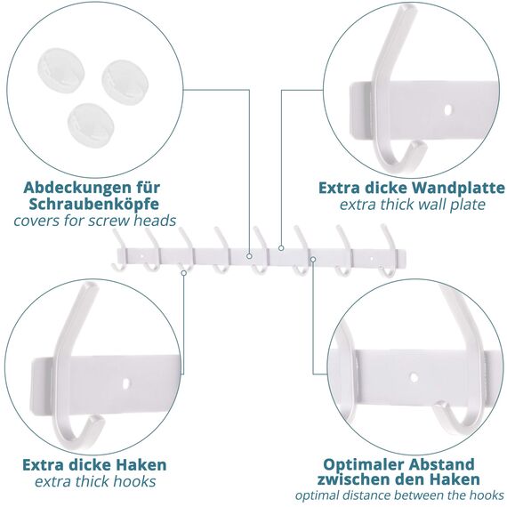 smartpeas Hakenleiste Wand-Garderobe Kleiderhaken Garderobenleiste - Weiß - Rostfreier Gebürsteter Edelstahl – 8 Feste Haken Halten Bis 30K - Plus: 1 Selbstklebender Haken
