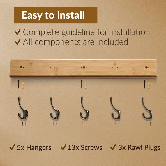 Garderobenleiste aus Bambus, Wandgarderobe 61 cm mit einer soliden Dicke von 20 mm aus Bambus, 5 Haken Garderobe, Garderobenhakenleiste Holz, für Flur, Wohnzimmer, für Kleidung, Mützen, und Schlüssel