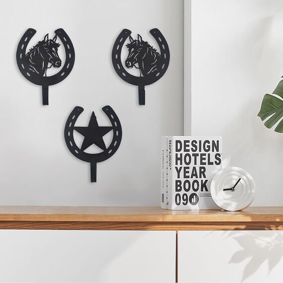 VIVICOMFY Rustikale Haken mit Pferdekopf und Stern, Kleiderhaken, Schlüsselhaken, 3 Stück