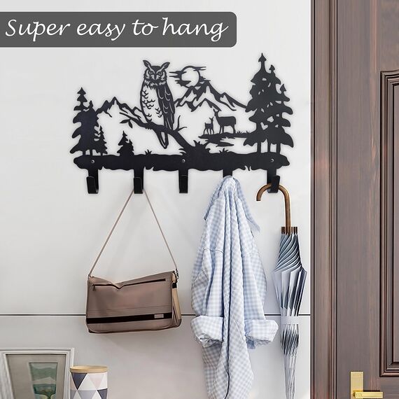 VIVICOMFY Metall-Eulen-Haken, Wandkunst-Dekor, zum Aufhängen von Kleidern, Schlüsseln, Hut, Rucksack, Tier-Themen-Haken, hübsche Heimdekoration für Aufbewahrung, Wohnzimmer, Flur, Büro, Schwarz