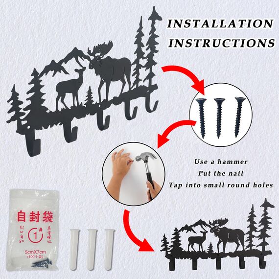 VIVICOMFY Metall-Elch-Haken, Wandkunst-Dekor, zum Aufhängen von Kleidern, Schlüsseln, Hut, Tier-Themen-Haken, hübsche Heimdekoration für Aufbewahrung, Wohnzimmer, Flur, Büro, Schwarz