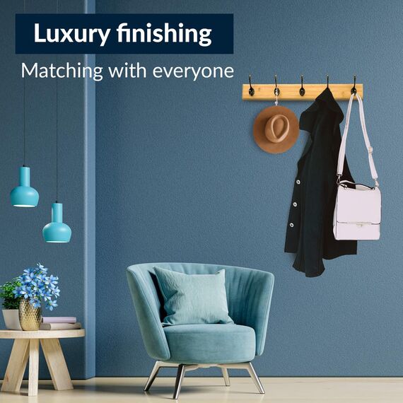 Garderobenleiste aus Bambus, Wandgarderobe 61 cm mit einer soliden Dicke von 20 mm aus Bambus, 5 Haken Garderobe, Garderobenhakenleiste Holz, für Flur, Wohnzimmer, für Kleidung, Mützen, und Schlüssel