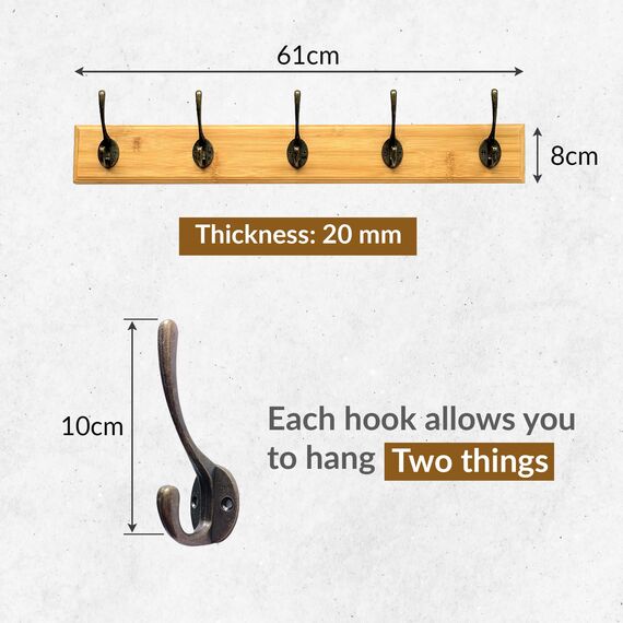 Garderobenleiste aus Bambus, Wandgarderobe 61 cm mit einer soliden Dicke von 20 mm aus Bambus, 5 Haken Garderobe, Garderobenhakenleiste Holz, für Flur, Wohnzimmer, für Kleidung, Mützen, und Schlüssel