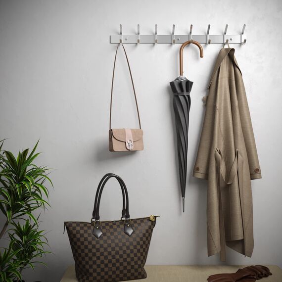 HOMEPHIX Garderobenhaken Edelstahl kleiderhaken gebürstet (1 Stück – 8 Haken, 59cm, Silber)- Hohe Tragkraft Garderobenleiste - Stabile kleiderhaken wand - Garderobenpaneel für Garderoben, Flure, Küche