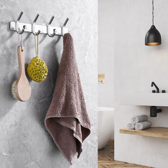 KES Kleiderhaken Garderobenleiste Hakenleiste Edelstahl SUS304 Kleiderhakenleiste Garderobenhaken 4 Haken Gaderobe Wand Handtuchhalter Bad Gebürstet, AH203H4-2