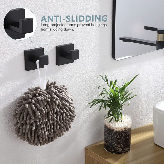 KOKOSIRI B1010BK-P2 Badetuchhaken, Wandhalterung, quadratisch, Kleiderhaken, Badezimmer, Küche, Garage, strapazierfähig, Wandmontage, SUS 304 Edelstahl, mattschwarz, B1010BK-P2