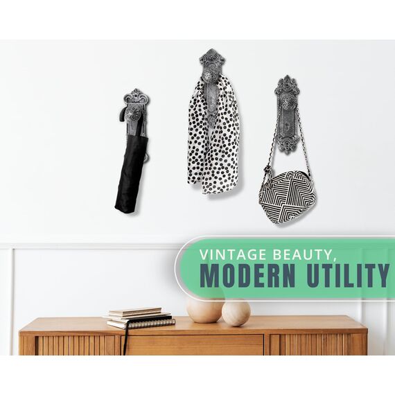 Shabby Chic Dekorative Gusseisen-Wandhaken, Silber mit Schwarz, Türknauf-Kleiderhaken für Wand, 3er Set, Schrauben und Dübel enthalten, Antike Wandhaken zum Aufhängen von Kleidung