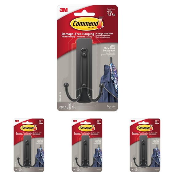 Command 17036BUKN Doppelhaken, groß, mattschwarz (Packung mit 4)