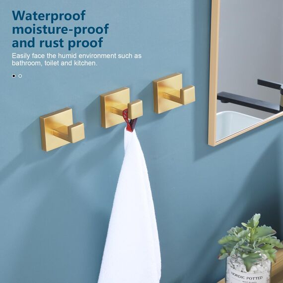KOKOSIRI Bademantelhaken, Wandhalterung, quadratisch, Handtuchhaken, Kleiderhaken, Badezimmer, Küche, Garage, strapazierfähig, SUS 304 Edelstahl, 3 Stück, gebürstetes Gold, B1010BG-P3