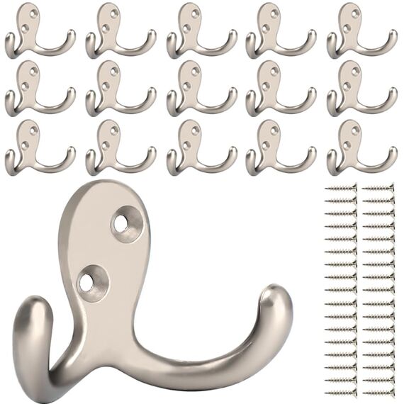 IBosins 16 robuste Doppelzinken-Kleiderhaken zur Wandmontage mit 32 Schrauben, Retro-Doppelhaken für Mantel, Schal, Tasche, Handtuch, Schlüssel, Kappe, Tasse, Hut (silberfarben)