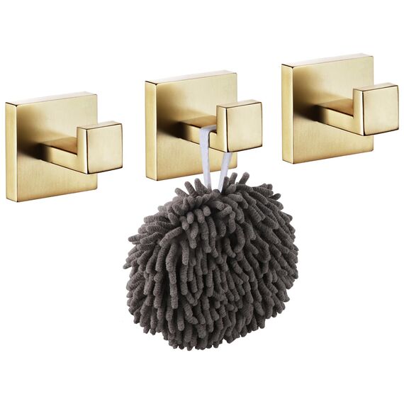 KOKOSIRI Bademantelhaken, Wandhalterung, quadratisch, Handtuchhaken, Kleiderhaken, Badezimmer, Küche, Garage, strapazierfähig, SUS 304 Edelstahl, 3 Stück, gebürstetes Gold, B1010BG-P3