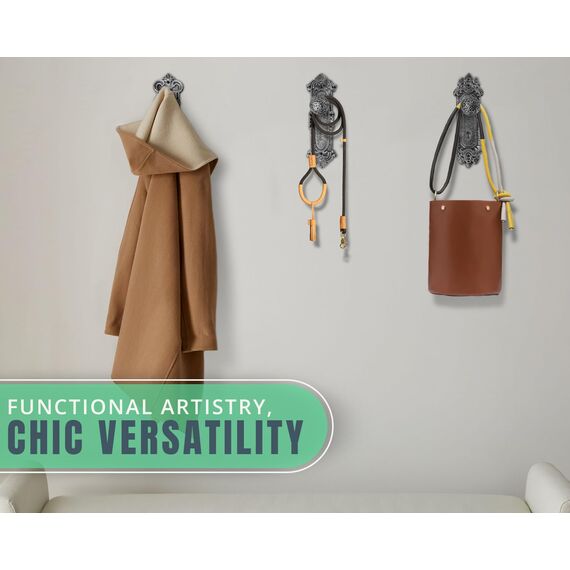 Shabby Chic Dekorative Gusseisen-Wandhaken, Silber mit Schwarz, Türknauf-Kleiderhaken für Wand, 3er Set, Schrauben und Dübel enthalten, Antike Wandhaken zum Aufhängen von Kleidung