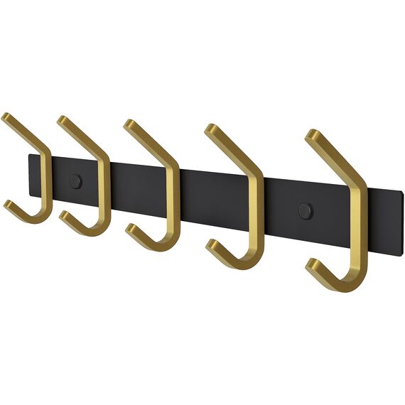 SAYONEYES Wandgarderobe - Schwarz und Gold Hakenleiste mit 5 Doppelgarderobenhaken, 38,1 cm Edelstahl-Wandhaken für Eingangsbereich, Badezimmer, Schlafzimmer, Schrank, Handtuch, Hut, Tasche, robuster