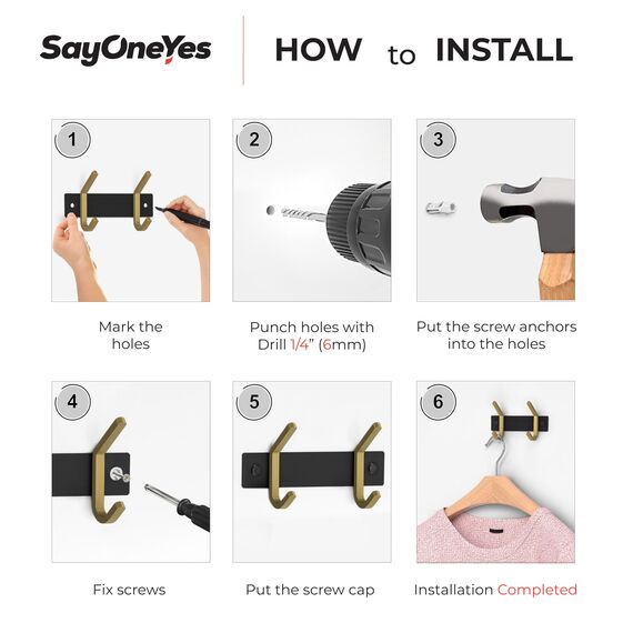 Kleine Garderobenleiste Wandhalterung – Schwarz und Gold Hakenleiste mit 2 Doppel-Kleiderhaken, 15,2 cm Edelstahl-Wandhaken für Eingangsbereich, Badezimmer, Schlafzimmer, Schrank, Handtuch, Hut