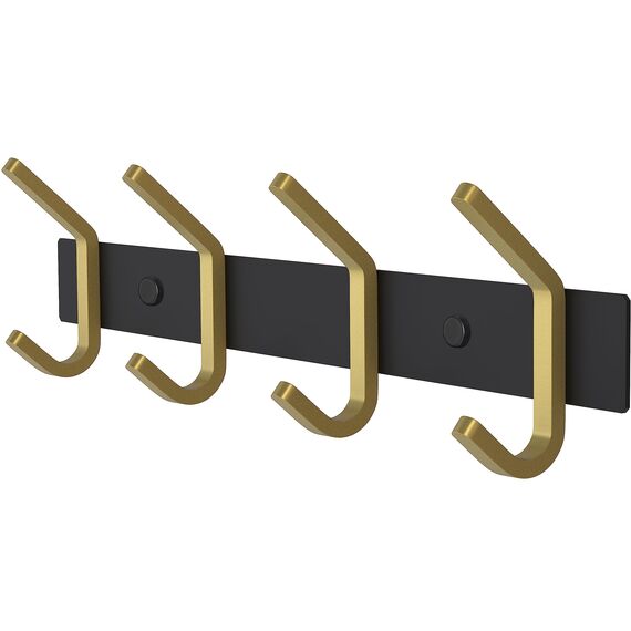 SAYONEYES Wandgarderobe - Schwarz und Gold Hakenleiste mit 4 Doppelgarderobenhaken, 30,5 cm Edelstahl-Wandhaken für Eingangsbereich, Badezimmer, Schlafzimmer, Schrank, Handtuch, Hut, Tasche, robuster