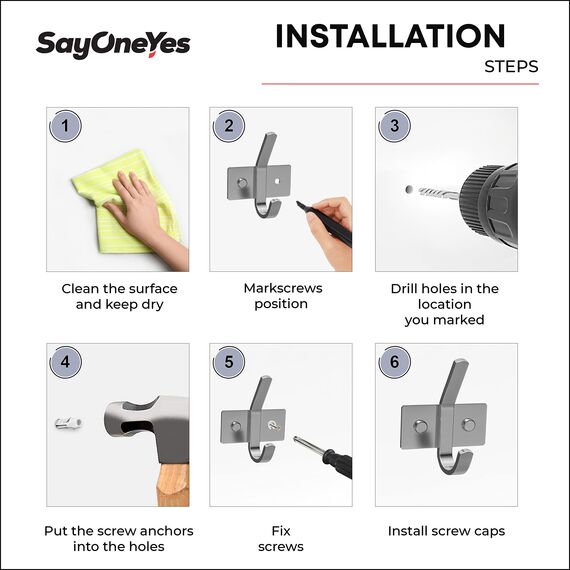 SAYONEYES Gebürstete Nickel-Wandhaken, strapazierfähige SUS304-Edelstahl-Doppelwandhaken, Badezimmer-, Eingangsbereich-Haken zum Aufhängen von Handtüchern, Taschen, Schlüsseln, Jacke, 5er-Pack