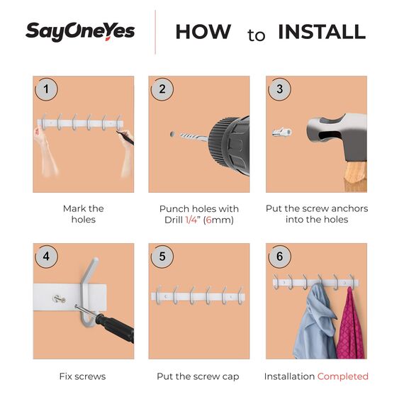 SAYONEYES Garderobenleiste zur Wandmontage, 43,2-cm-Edelstahl-Hakenleiste mit 6 strapazierfähigen Doppelhaken, für Eingangsbereich, Badezimmer, Schlafzimmer, Handtuch-, Hut-Organizer, Weiß