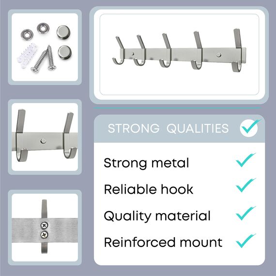 Garderobenleiste zur Wandmontage, gebürstetes Nickel, 38,1-cm-Edelstahl-Hakenleiste, 5 strapazierfähige Doppelhaken, für Eingangsbereich, Badezimmer, Schlafzimmer, Handtuch-, Hut-Organizer, 2er-Pack