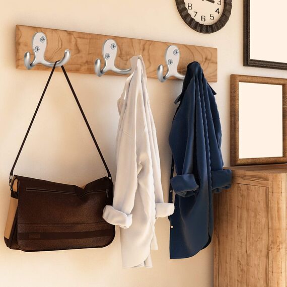 IBosins 16 robuste Doppelzinken-Kleiderhaken zur Wandmontage mit 32 Schrauben, Retro-Doppelhaken für Mantel, Schal, Tasche, Handtuch, Schlüssel, Kappe, Tasse, Hut (silberfarben)