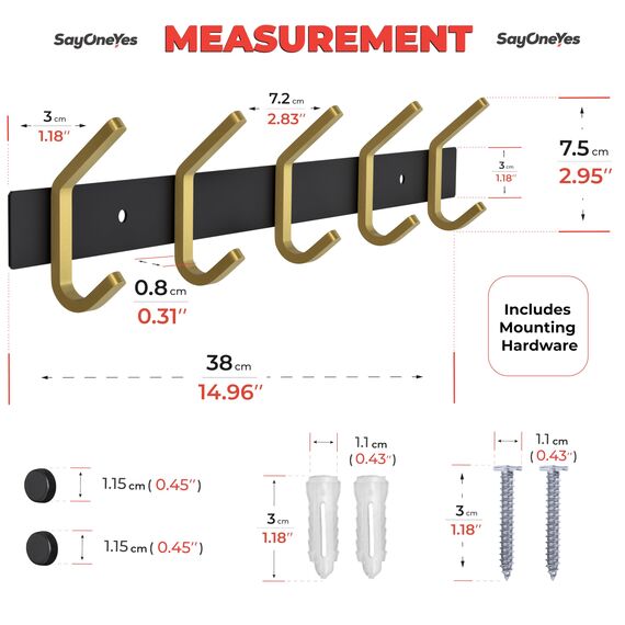 SAYONEYES Wandgarderobe - Schwarz und Gold Hakenleiste mit 5 Doppelgarderobenhaken, 38,1 cm Edelstahl-Wandhaken für Eingangsbereich, Badezimmer, Schlafzimmer, Schrank, Handtuch, Hut, Tasche, robuster