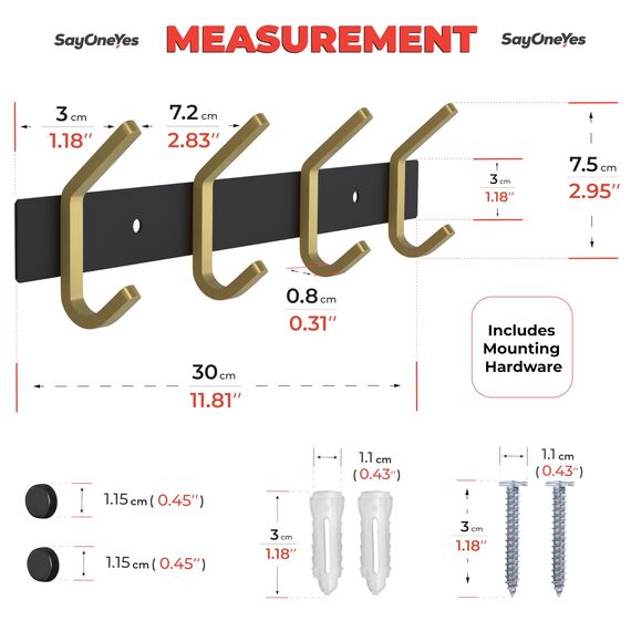 SAYONEYES Wandgarderobe - Schwarz und Gold Hakenleiste mit 4 Doppelgarderobenhaken, 30,5 cm Edelstahl-Wandhaken für Eingangsbereich, Badezimmer, Schlafzimmer, Schrank, Handtuch, Hut, Tasche, robuster