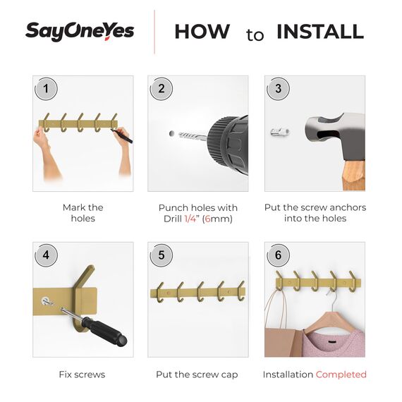 SAYONEYES Wandgarderobe Gebürstet Gold - 15 Zoll Edelstahl Stange mit 5 Doppelgarderobenhaken für Eingangsbereich, Badezimmer, Schlafzimmer, Küche - Moderne Gold Hakenleiste für Mäntel, Hüte