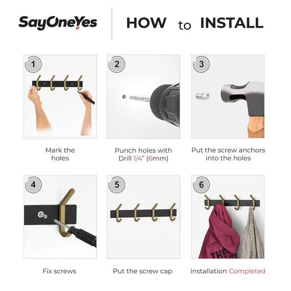 SAYONEYES Wandgarderobe - Schwarz und Gold Hakenleiste mit 4 Doppelgarderobenhaken, 30,5 cm Edelstahl-Wandhaken für Eingangsbereich, Badezimmer, Schlafzimmer, Schrank, Handtuch, Hut, Tasche, robuster