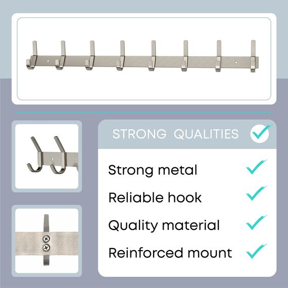 Garderobenleiste zur Wandmontage, gebürstetes Nickel, 61,0-cm-Edelstahl-Hakenleiste, 8 strapazierfähige Doppelhaken, für Eingangsbereich, Badezimmer, Schlafzimmer, Handtuch-, Hut-Organizer, 2er-Pack