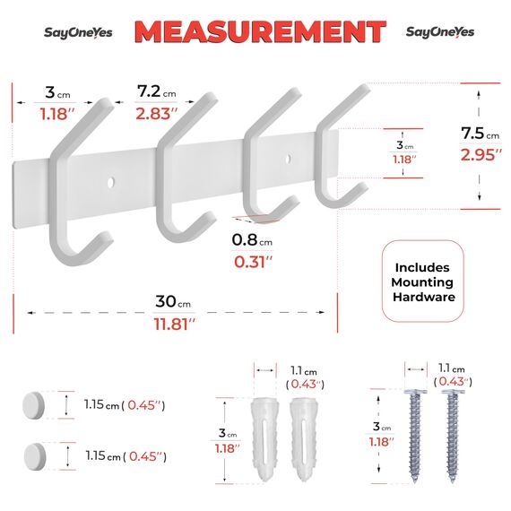 SAYONEYES Garderobenleiste zur Wandmontage, 30,5-cm-Edelstahl-Hakenleiste mit 4 strapazierfähigen Doppelhaken, für Eingangsbereich, Badezimmer, Schlafzimmer, Handtuch-, Hut-Organizer, Weiß, 2er-Pack