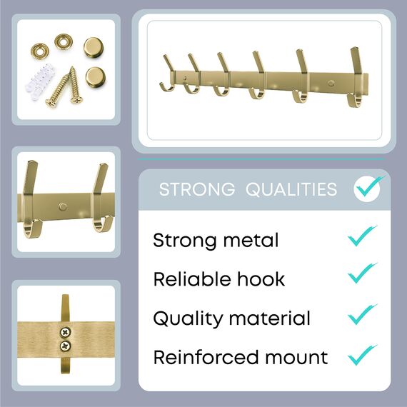 SAYONEYES Wandgarderobe aus gebürstetem Gold mit 6 Doppelhaken zum Aufhängen - 43,2 cm Heavy Duty SUS304 Edelstahl Rustikale Garderobenhaken - Hut, Kleidung, Geldbörse, Handtuch Wandhaken - 1 Packung