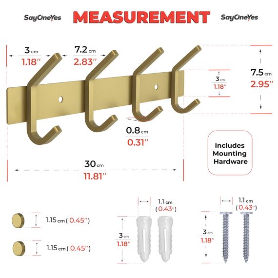 SAYONEYES Wandgarderobe Gebürstet Gold - 30,5 cm Edelstahlstange mit 4 Doppelgarderobenhaken für Eingangsbereich, Badezimmer, Schlafzimmer, Küche - Moderne goldene Hakenleiste für Mäntel, Hüte