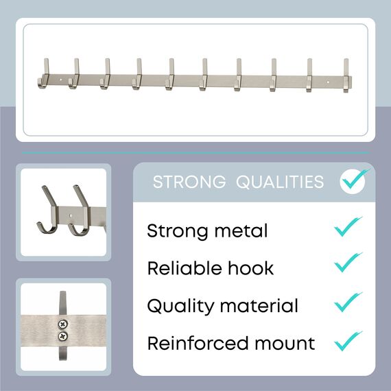 Garderobenleiste Wandhalterung – gebürstetes Nickel 76,2 cm Edelstahl-Hakenleiste mit 10 robusten Doppel-Kleiderhaken – Wandmontierter Kleiderbügel für Eingangsbereich, Badezimmer, Schlafzimmer