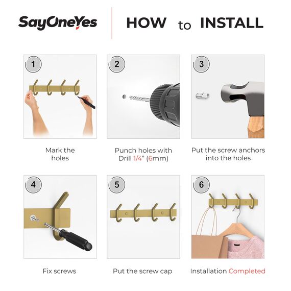 SAYONEYES Wandgarderobe Gebürstet Gold - 30,5 cm Edelstahlstange mit 4 Doppelgarderobenhaken für Eingangsbereich, Badezimmer, Schlafzimmer, Küche - Moderne goldene Hakenleiste für Mäntel, Hüte