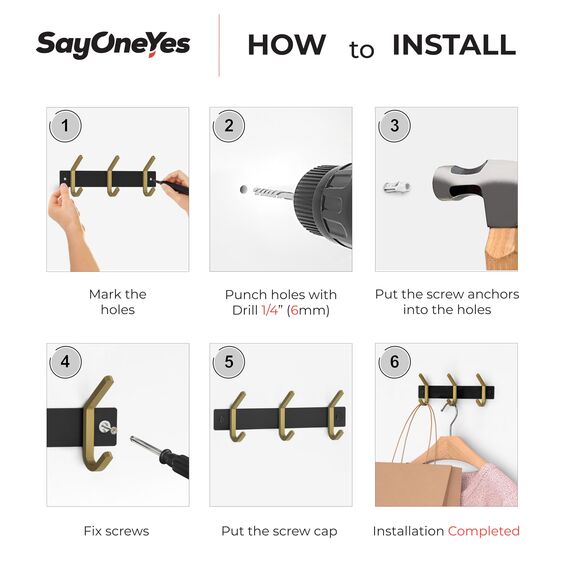 Kleine Garderobenleiste Wandhalterung - Schwarz und Gold Hakenleiste mit 3 Doppelgarderobenhaken, 22,9 cm Edelstahl-Wandhaken für Eingangsbereich, Badezimmer, Schlafzimmer, Schrank, Handtuch, Hut