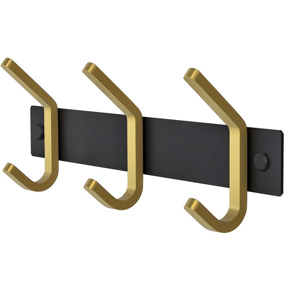 Kleine Garderobenleiste Wandhalterung - Schwarz und Gold Hakenleiste mit 3 Doppelgarderobenhaken, 22,9 cm Edelstahl-Wandhaken für Eingangsbereich, Badezimmer, Schlafzimmer, Schrank, Handtuch, Hut