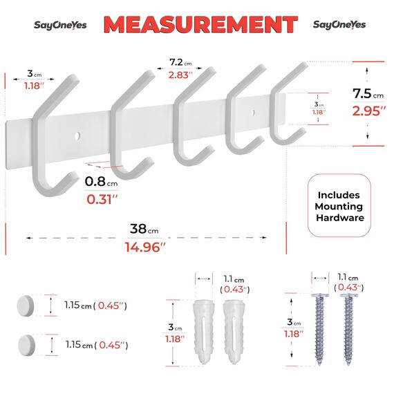 SAYONEYES Garderobenleiste zur Wandmontage, 38,1-cm-Edelstahl-Hakenleiste mit 5 strapazierfähigen Doppelhaken, für Eingangsbereich, Badezimmer, Schlafzimmer, Handtuch-, Hut-Organizer, Weiß