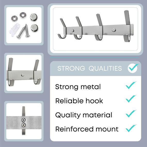 SAYONEYES Garderobenleiste zur Wandmontage, gebürstetes Nickel, mit 4 Doppelhaken zum Aufhängen, 30,5-cm-SUS304-Edelstahl-Garderobenhaken, für Kleidung, Tasche, Handtuch, 2er-Pack
