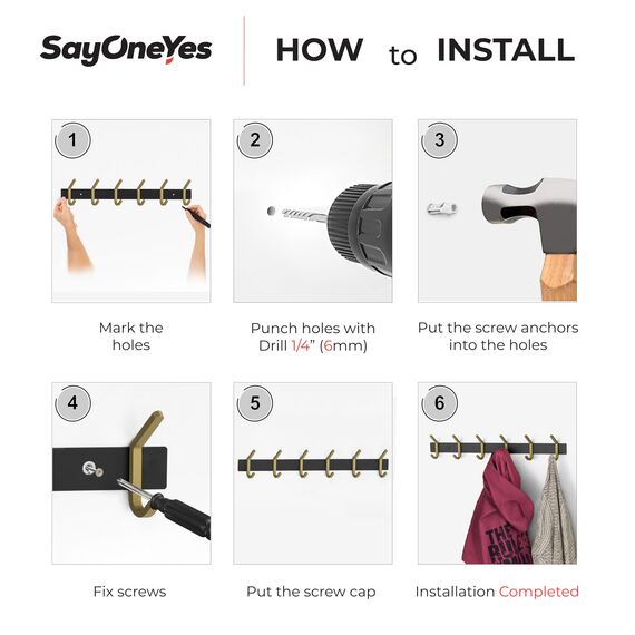 Garderobenleiste Wandhalterung, Schwarz und Gold, Hakenleiste mit 6 Doppelgarderobenhaken, 43,2 cm, Edelstahl-Wandhaken für Eingangsbereich, Badezimmer, Schlafzimmer, Schrank, Handtuch, Hut, Tasche