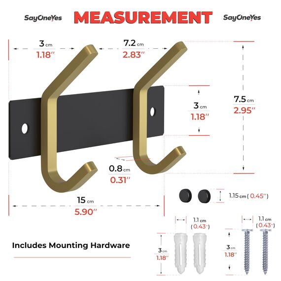 Kleine Garderobenleiste Wandhalterung – Schwarz und Gold Hakenleiste mit 2 Doppel-Kleiderhaken, 15,2 cm Edelstahl-Wandhaken für Eingangsbereich, Badezimmer, Schlafzimmer, Schrank, Handtuch, Hut